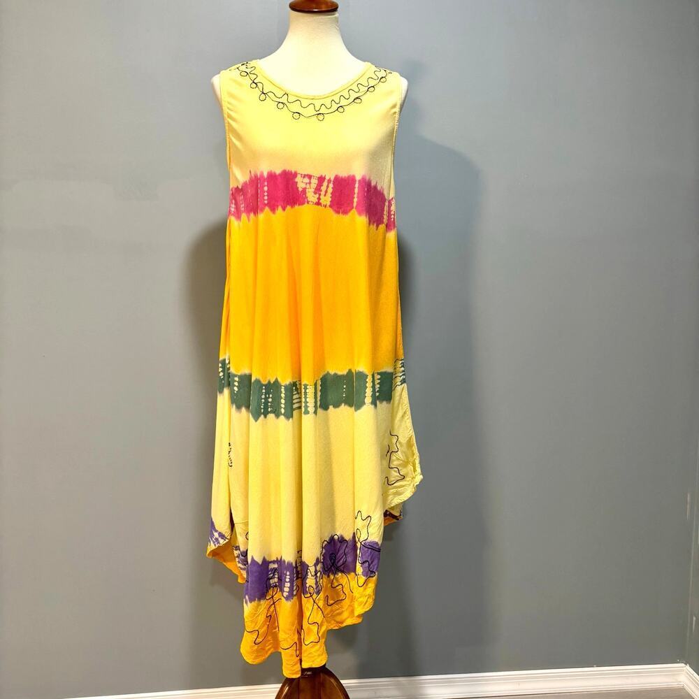 Vintage Tie Dye Handkerchief Hem Dress Large Embroidered Boho Festival